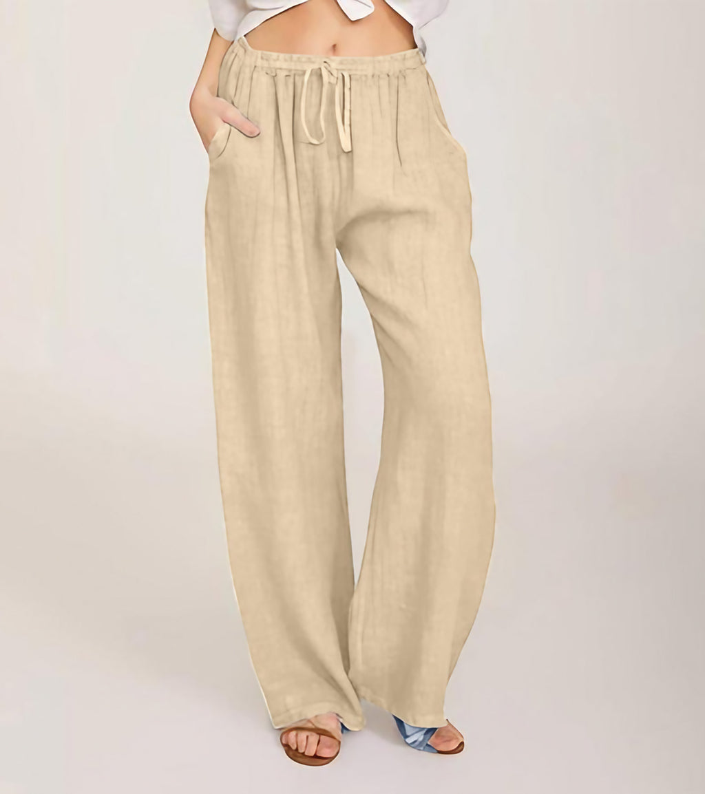 Pantalon large femme taille haute élastique, douze coloris, abricot