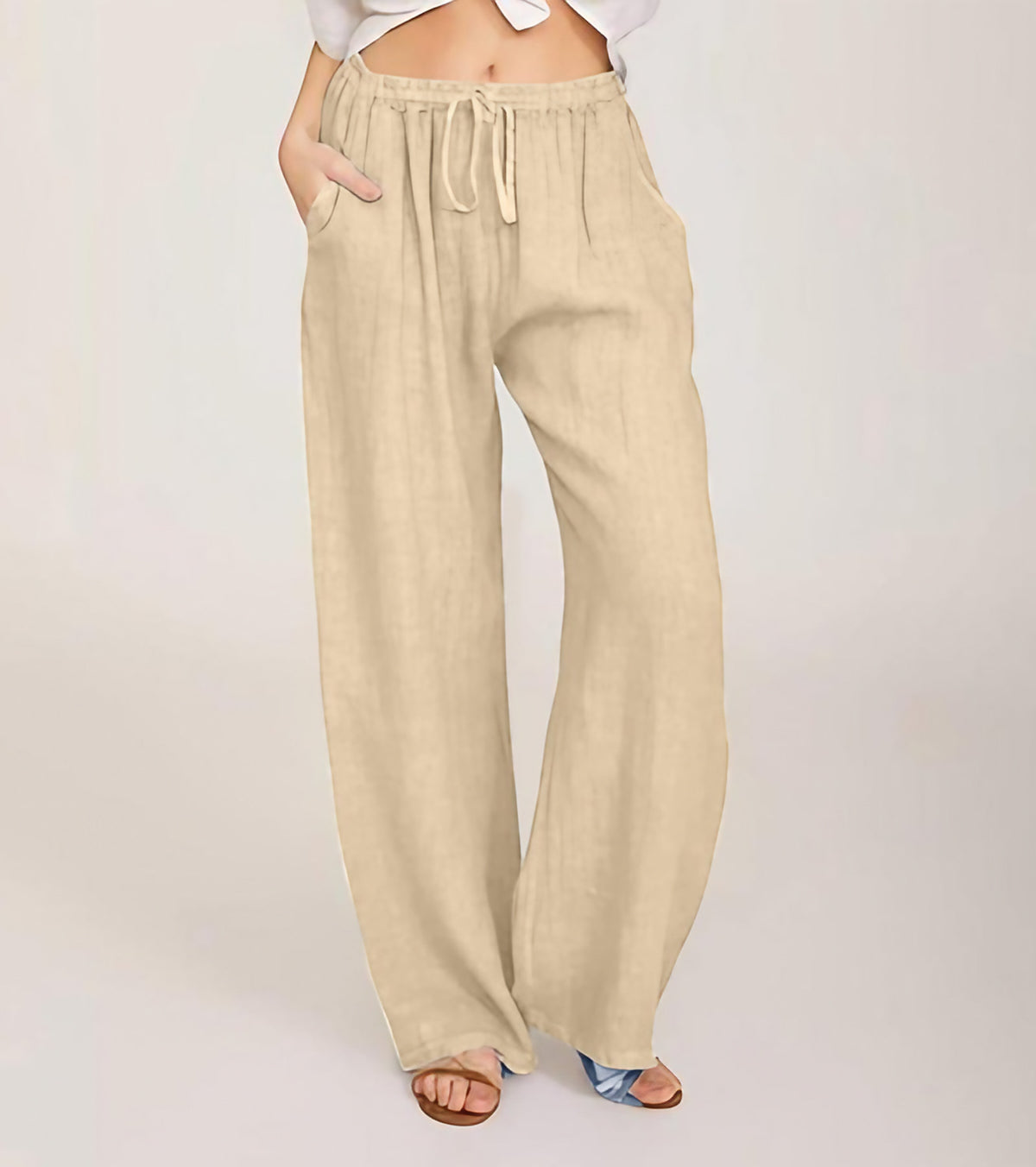 Pantalon large femme taille haute élastique, douze coloris, abricot