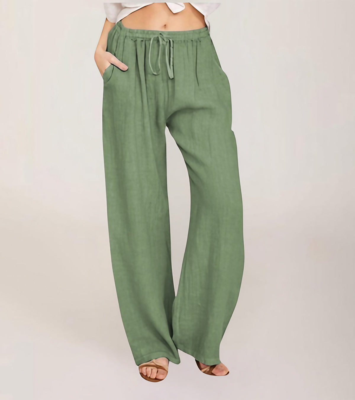 Pantalon large femme taille haute élastique, douze coloris, vert