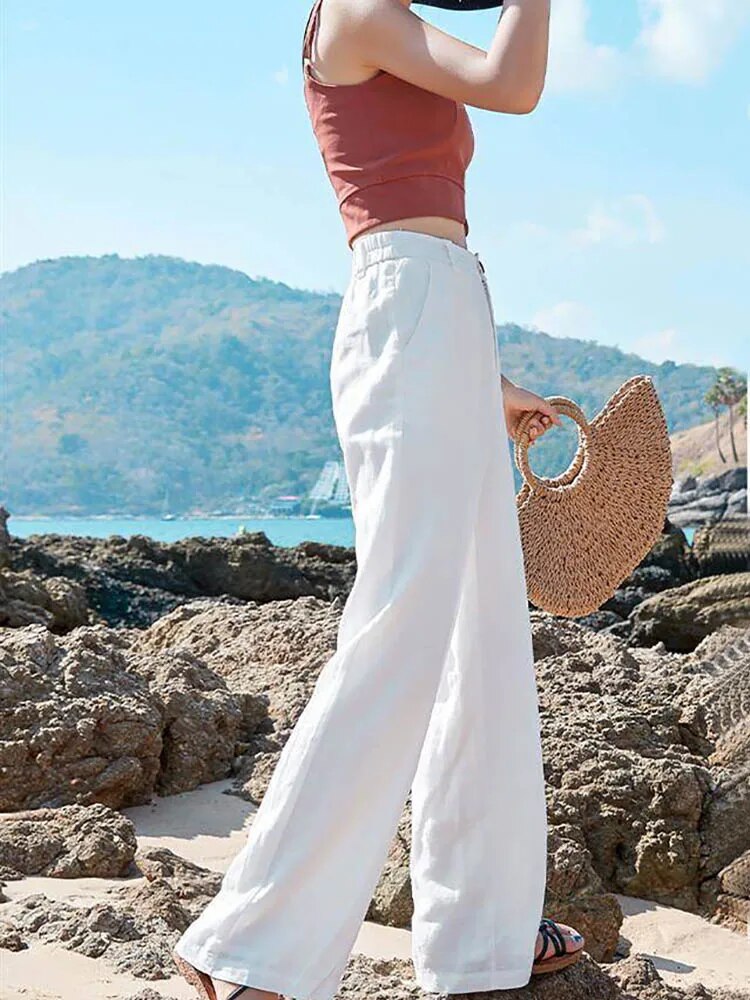 Pantalon large femme léger, blanc, beige ou noir