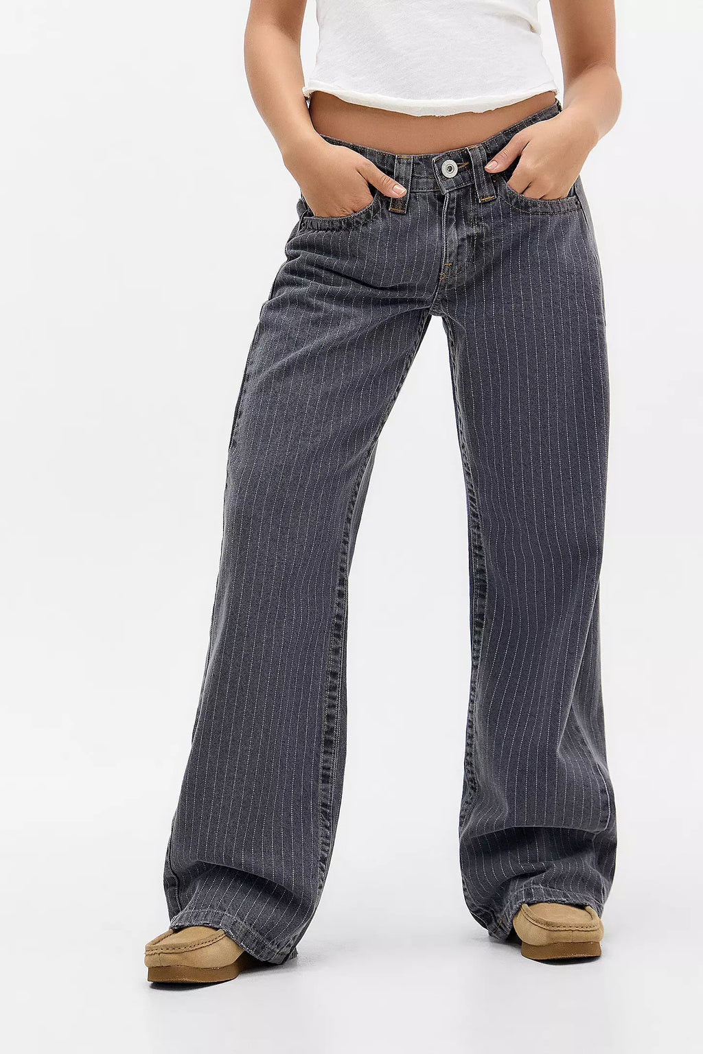 Pantalon large femme à fines rayures, jambe droite, gris