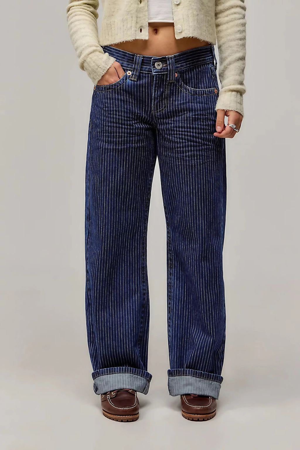 Pantalon large femme à fines rayures, jambe droite, bleu