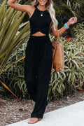 Pantalon large femme en coton et lin, coupe fluide, noir