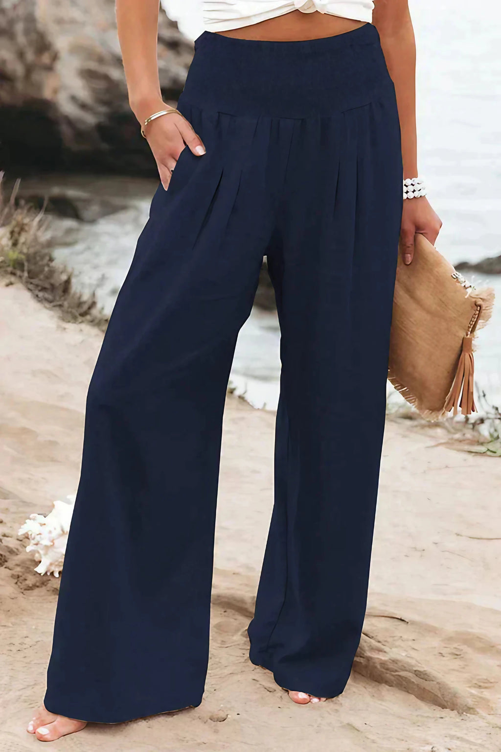 Pantalon large femme en coton et lin, coupe fluide, bleu