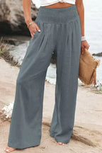 Pantalon large femme en coton et lin, coupe fluide, gris