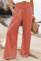 Pantalon large femme en coton et lin, coupe fluide, orange