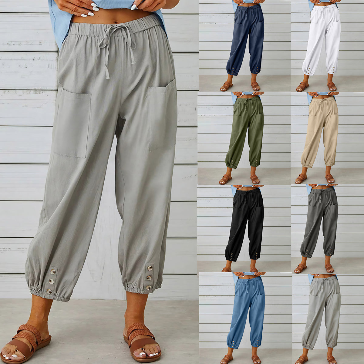 Pantalon large femme en coton, lin et élasthanne, du S au 5XL