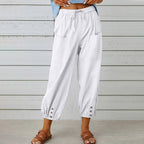 Pantalon large femme en coton, lin et élasthanne, du S au 5XL, blanc