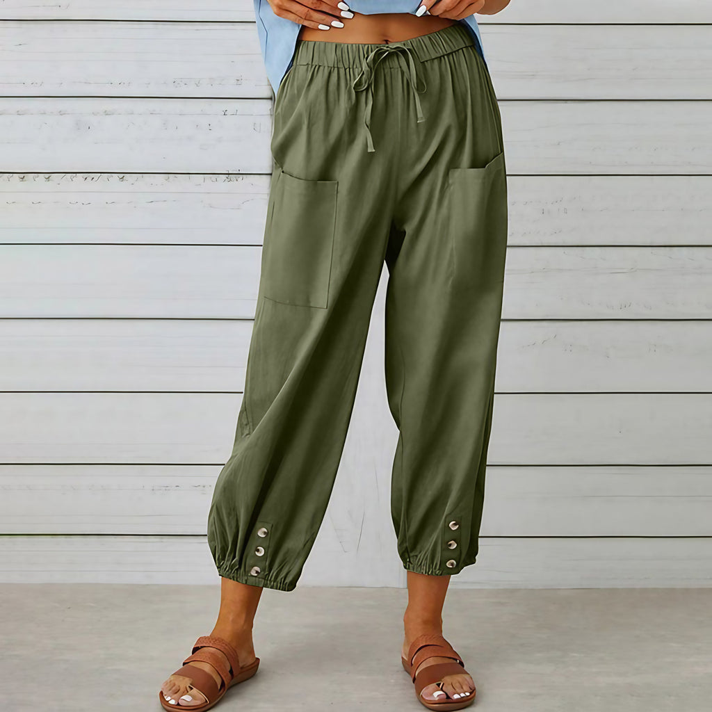 Pantalon large femme en coton, lin et élasthanne, du S au 5XL, vert