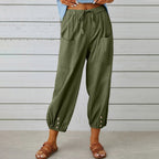 Pantalon large femme en coton, lin et élasthanne, du S au 5XL, vert