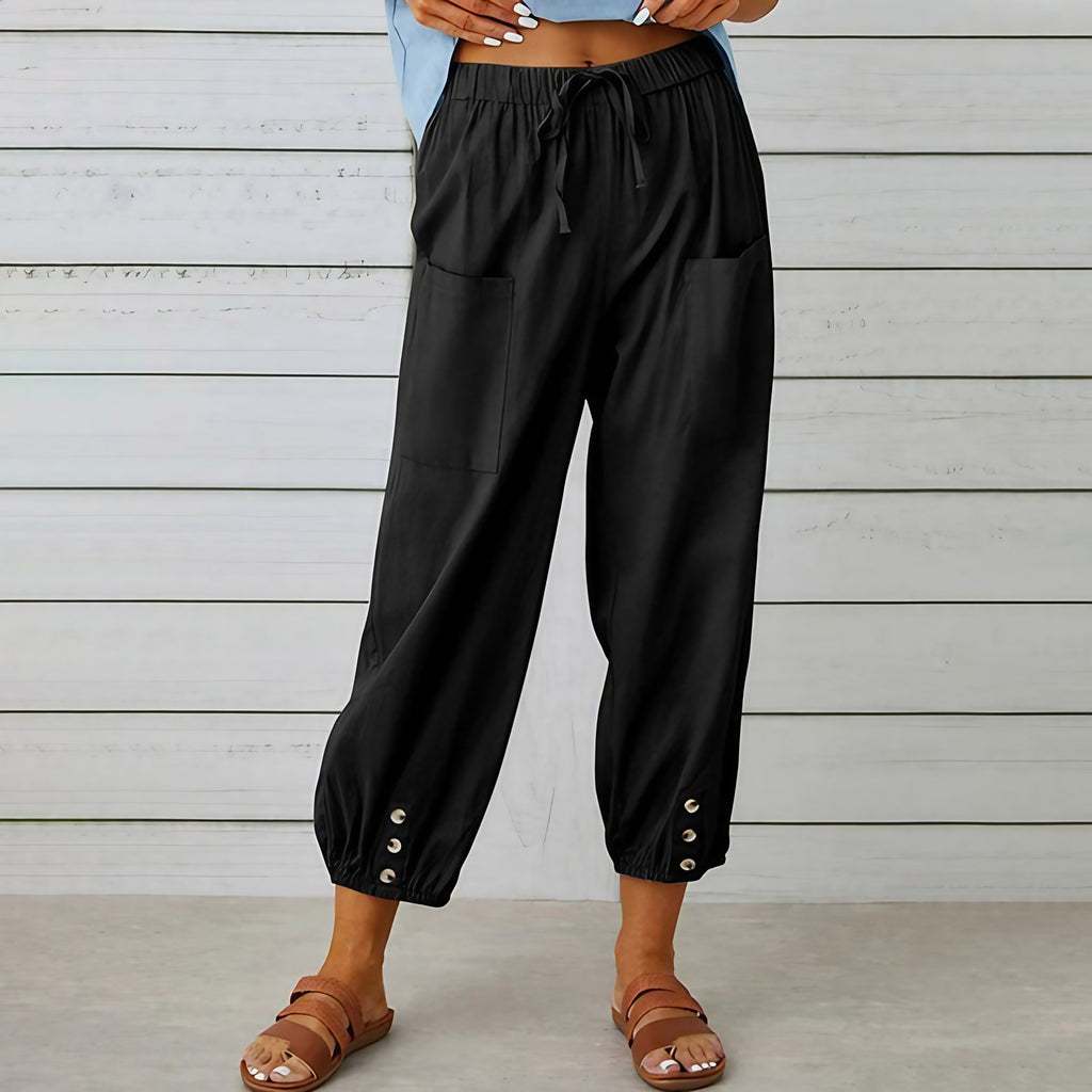 Pantalon large femme en coton, lin et élasthanne, du S au 5XL, noir