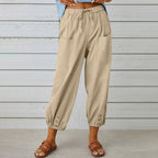Pantalon large femme en coton, lin et élasthanne, du S au 5XL, kaki