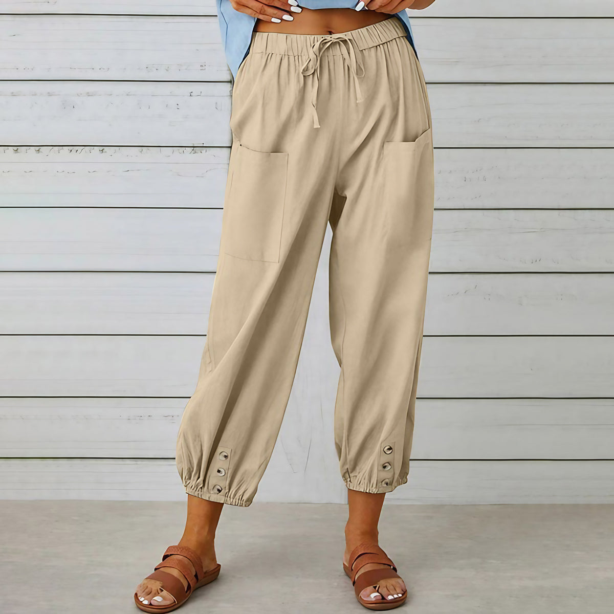 Pantalon large femme en coton, lin et élasthanne, du S au 5XL, kaki