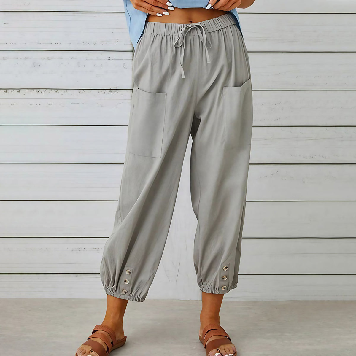 Pantalon large femme en coton, lin et élasthanne, du S au 5XL, gris clair