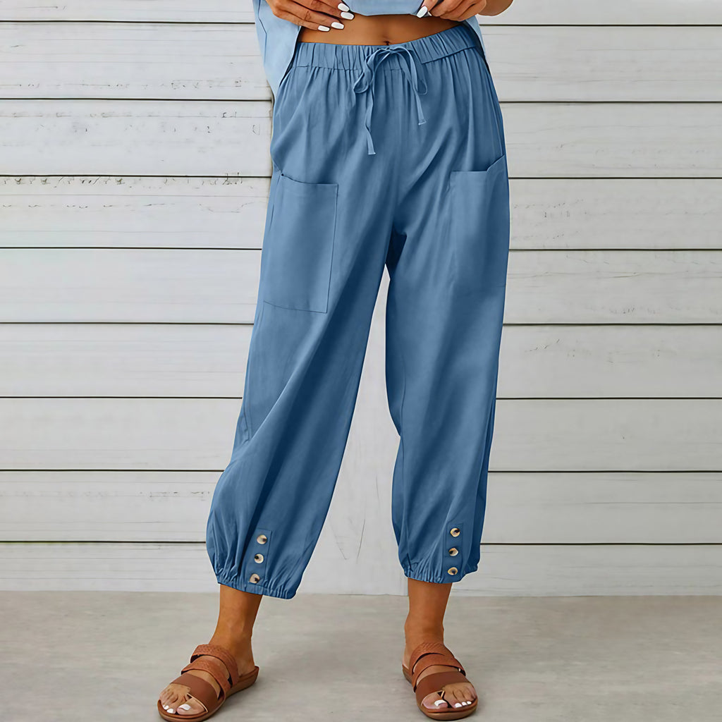 Pantalon large femme en coton, lin et élasthanne, du S au 5XL, bleu ciel