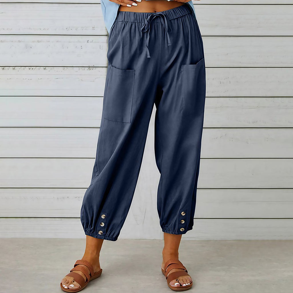 Pantalon large femme en coton, lin et élasthanne, du S au 5XL, bleu marine