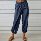 Pantalon large femme en coton, lin et élasthanne, du S au 5XL, bleu marine
