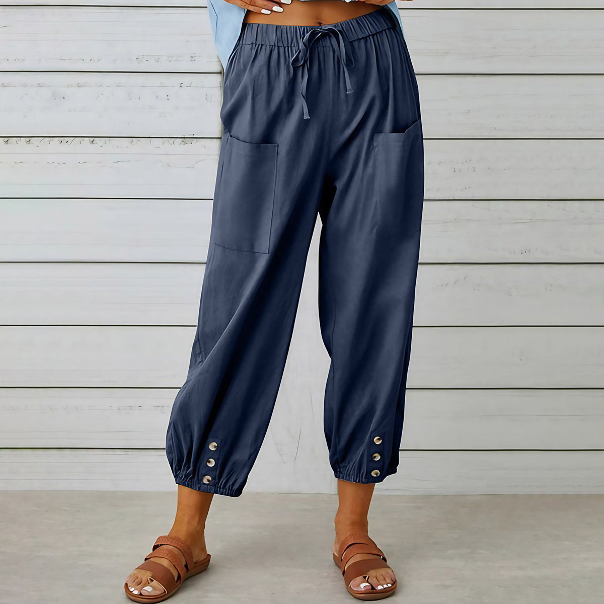 Pantalon large femme en coton, lin et élasthanne, du S au 5XL, bleu marine