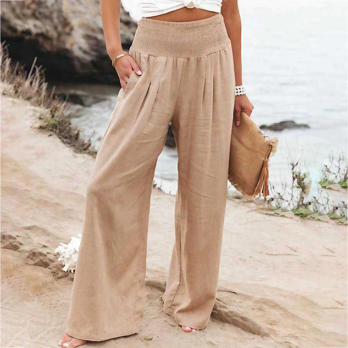 Pantalon large femme habillé, cinq coloris, du S au 3XL, beige