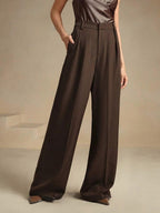 Pantalon large femme à plis, taille haute, douze coloris, café