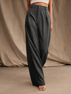 Pantalon large femme à plis, taille haute, douze coloris, gris foncé