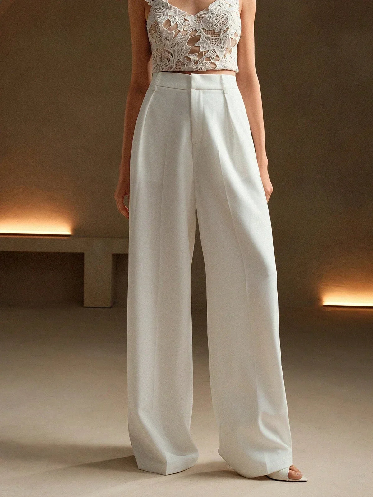 Pantalon large femme à plis, taille haute, douze coloris, blanc