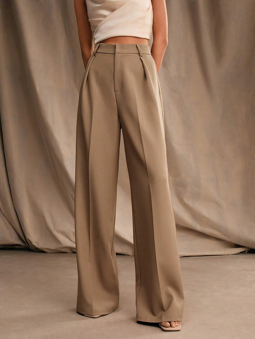 Pantalon large femme à plis, taille haute, douze coloris, kaki