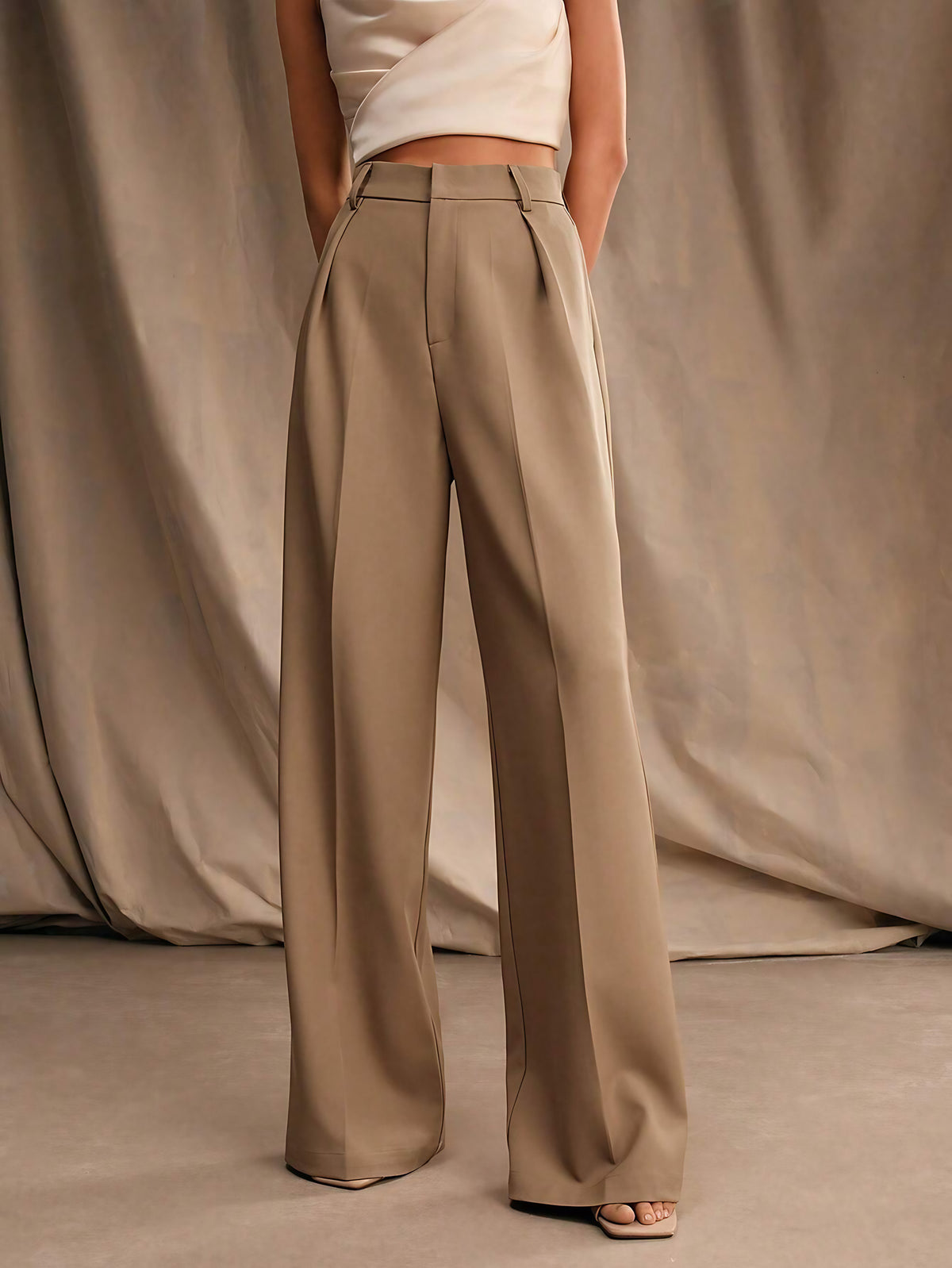 Pantalon large femme à plis, taille haute, douze coloris, kaki