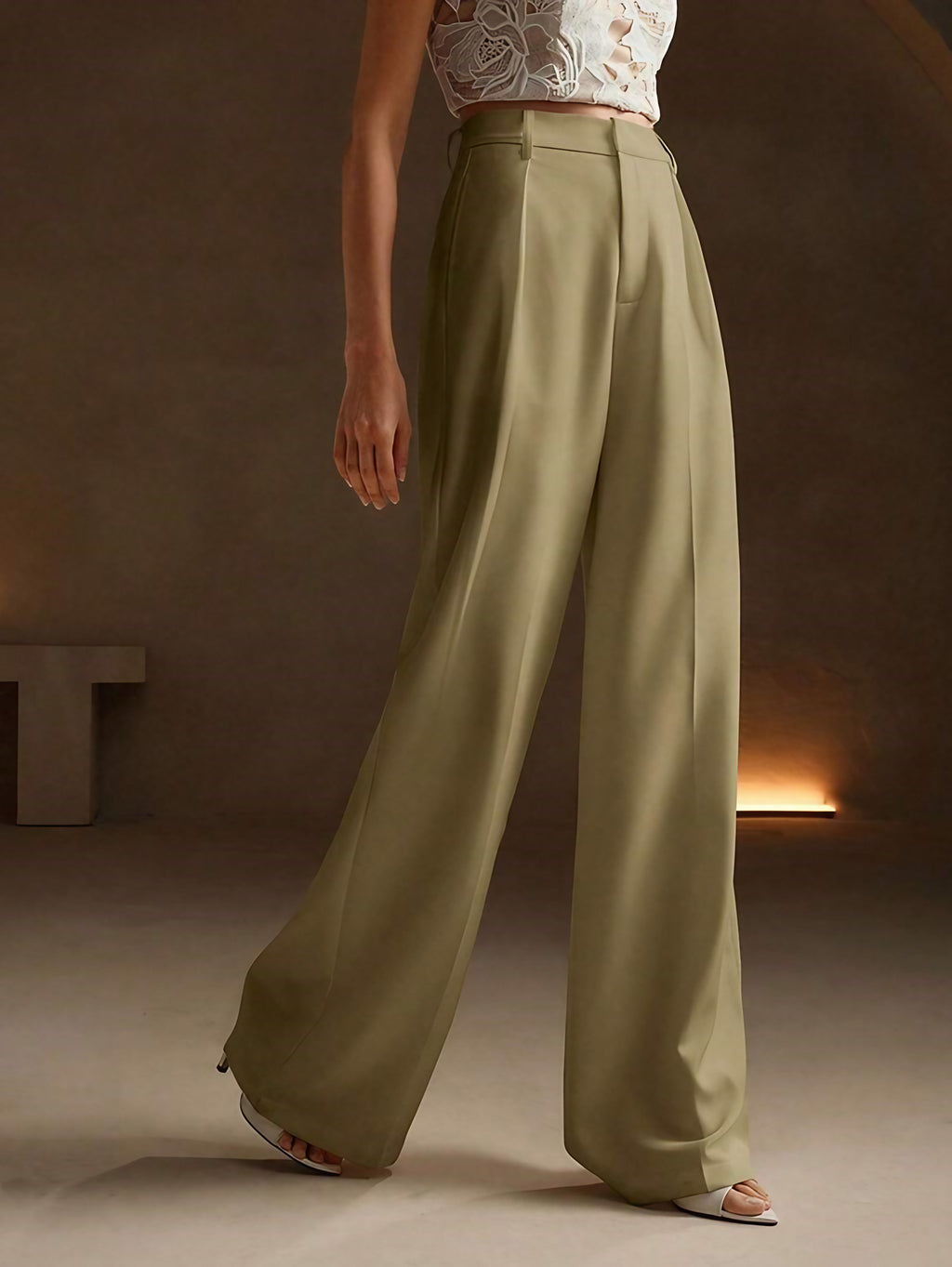 Pantalon large femme à plis, taille haute, douze coloris, sable