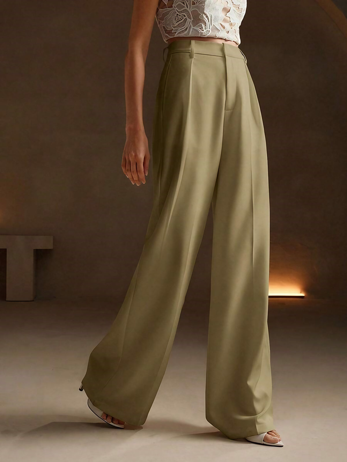 Pantalon large femme à plis, taille haute, douze coloris, sable