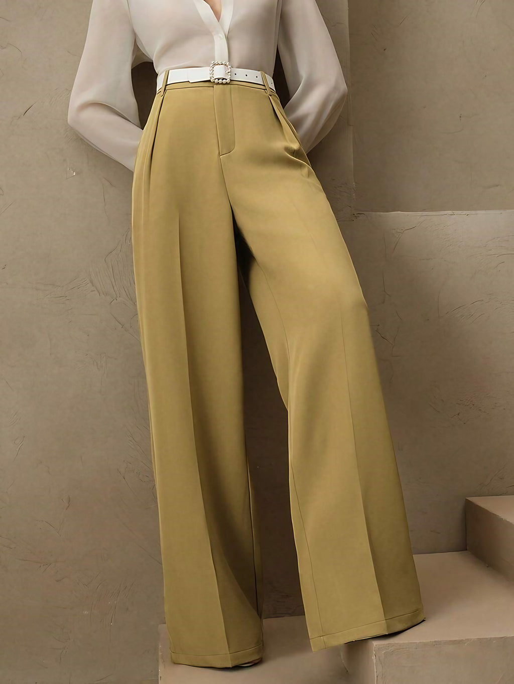 Pantalon large femme à plis, taille haute, douze coloris, jaune pâle