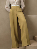 Pantalon large femme à plis, taille haute, douze coloris, jaune pâle
