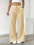 Pantalon large rayé femme, taille haute à cordon, poches, jaune