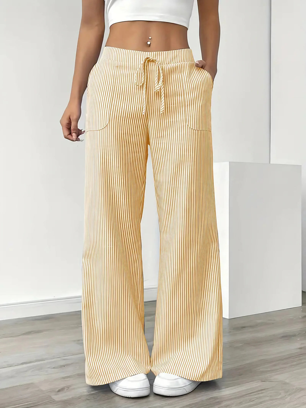 Pantalon large rayé femme, taille haute à cordon, poches, jaune