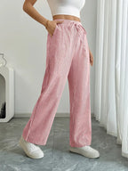 Pantalon large rayé femme, taille haute à cordon, poches