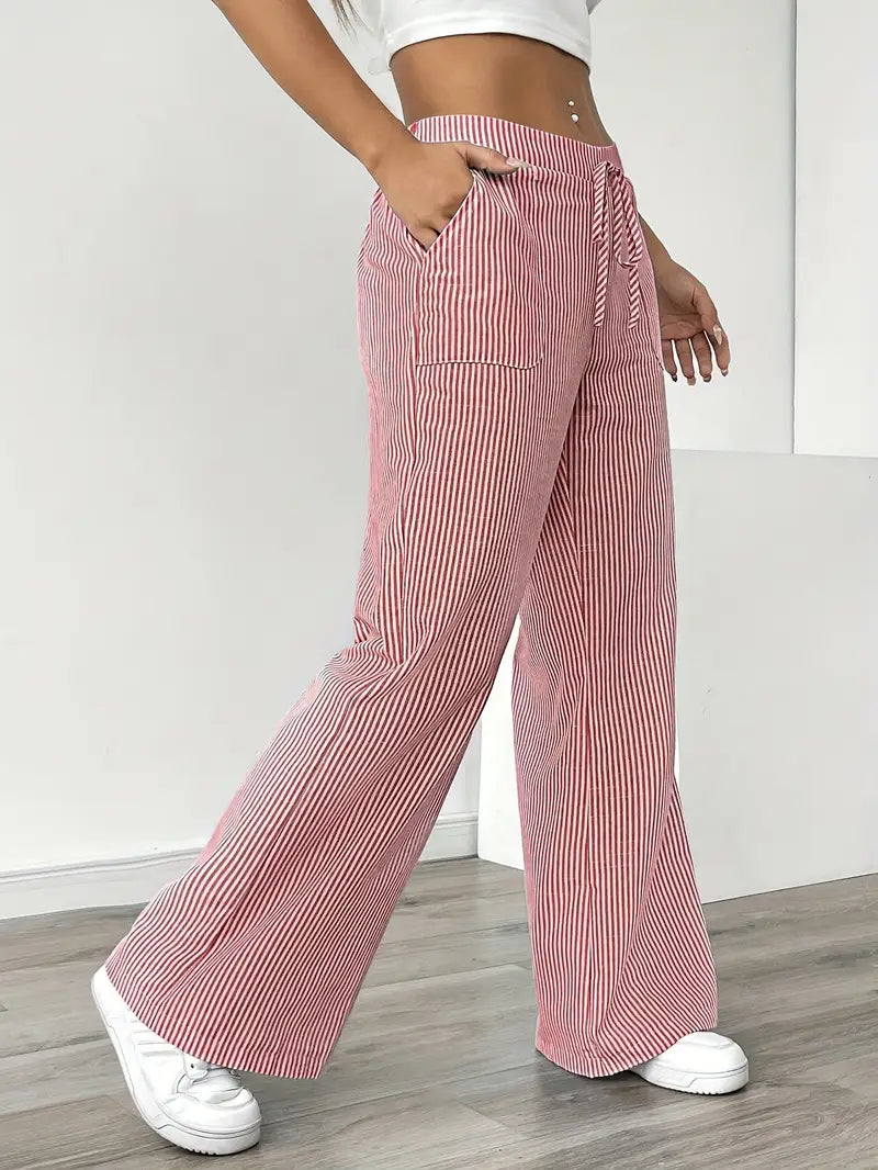 Pantalon large rayé femme, taille haute à cordon, poches