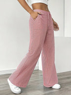 Pantalon large rayé femme, taille haute à cordon, poches