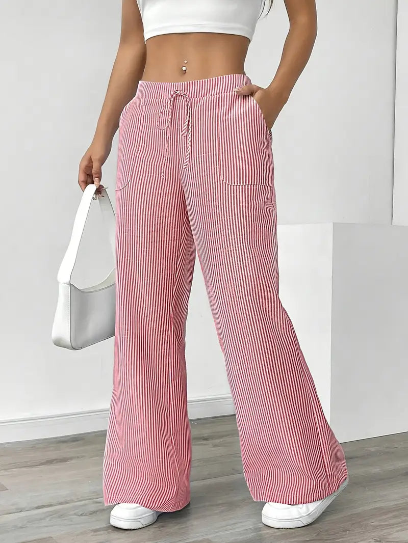 Pantalon large rayé femme, taille haute à cordon, poches