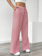 Pantalon large rayé femme, taille haute à cordon, poches