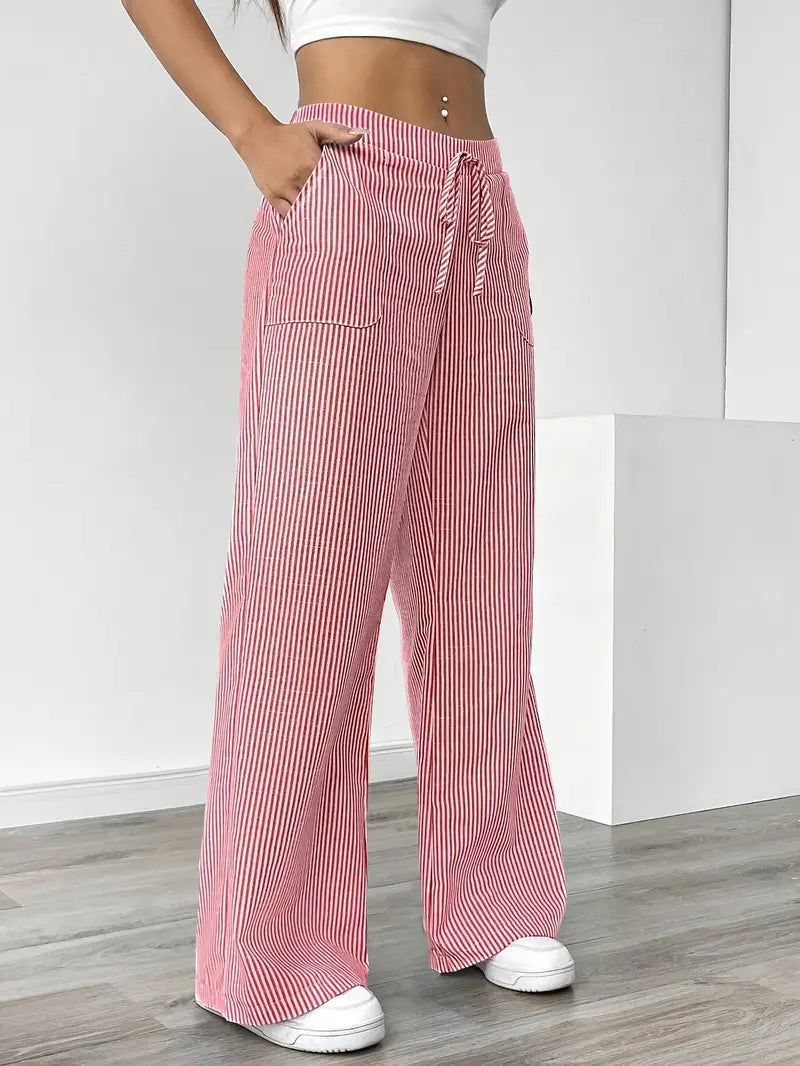 Pantalon large rayé femme, taille haute à cordon, poches