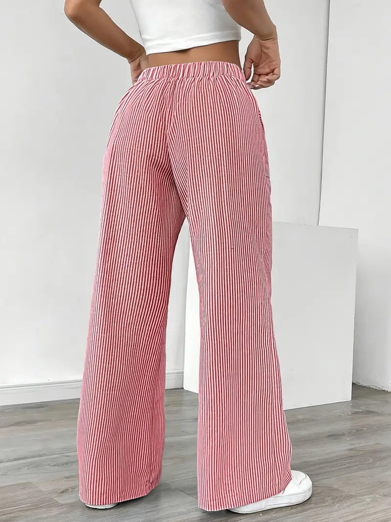 Pantalon large rayé femme, taille haute à cordon, poches