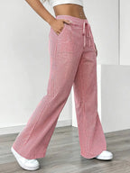 Pantalon large rayé femme, taille haute à cordon, poches