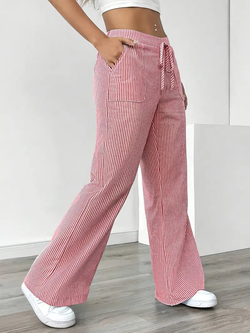 Pantalon large rayé femme, taille haute à cordon, poches