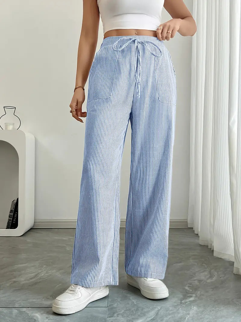 Pantalon large rayé femme, taille haute à cordon, poches