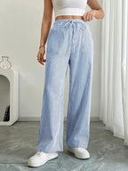 Pantalon large rayé femme, taille haute à cordon, poches