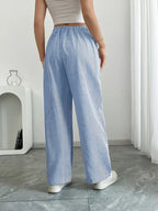 Pantalon large rayé femme, taille haute à cordon, poches