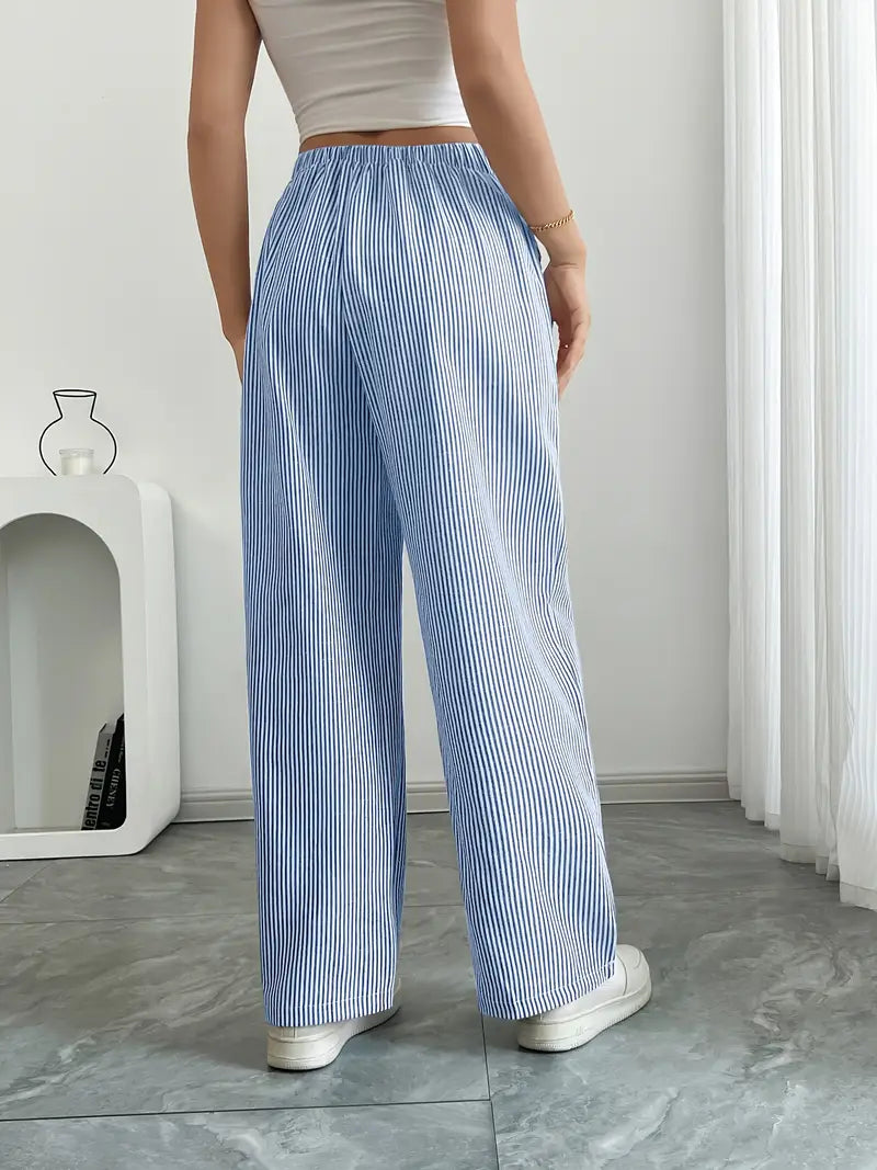 Pantalon large rayé femme, taille haute à cordon, poches