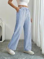 Pantalon large rayé femme, taille haute à cordon, poches