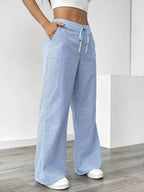 Pantalon large rayé femme, taille haute à cordon, poches