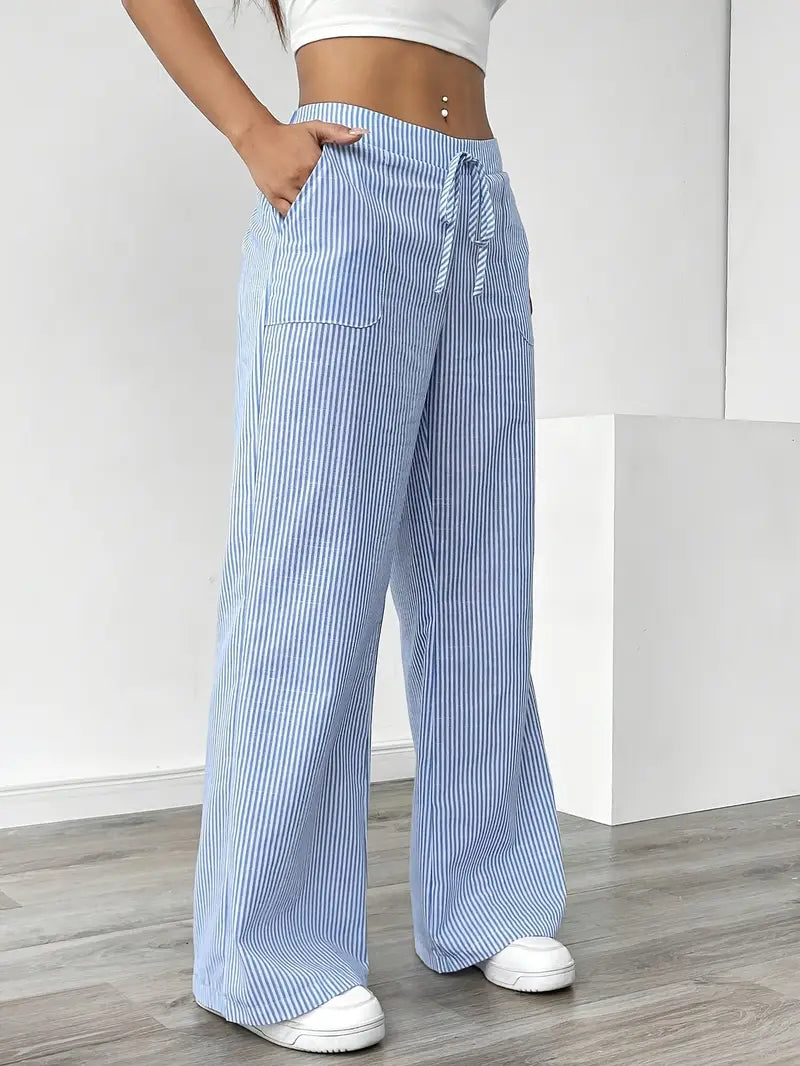 Pantalon large rayé femme, taille haute à cordon, poches